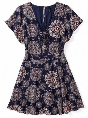 Torrid Boho Mandala Mini Dress Blue Tie Front Flutter Sleeve 18 20